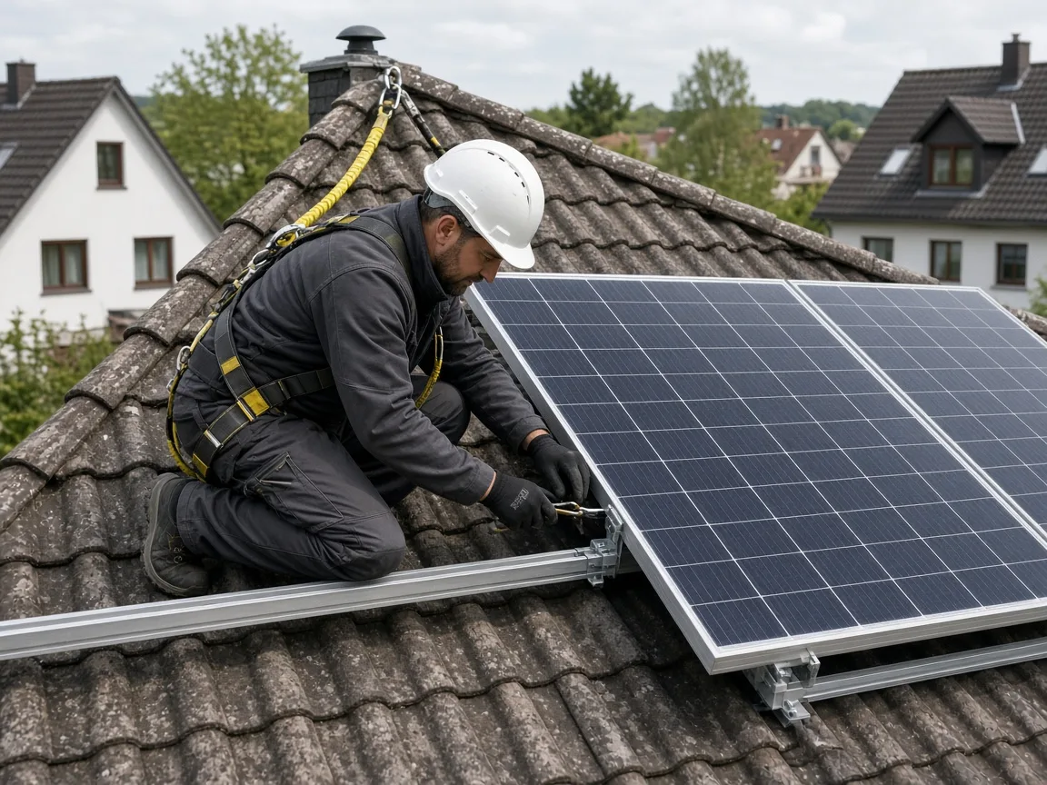 Fachkraft installiert Photovoltaikmodule auf einem Wohnhaus