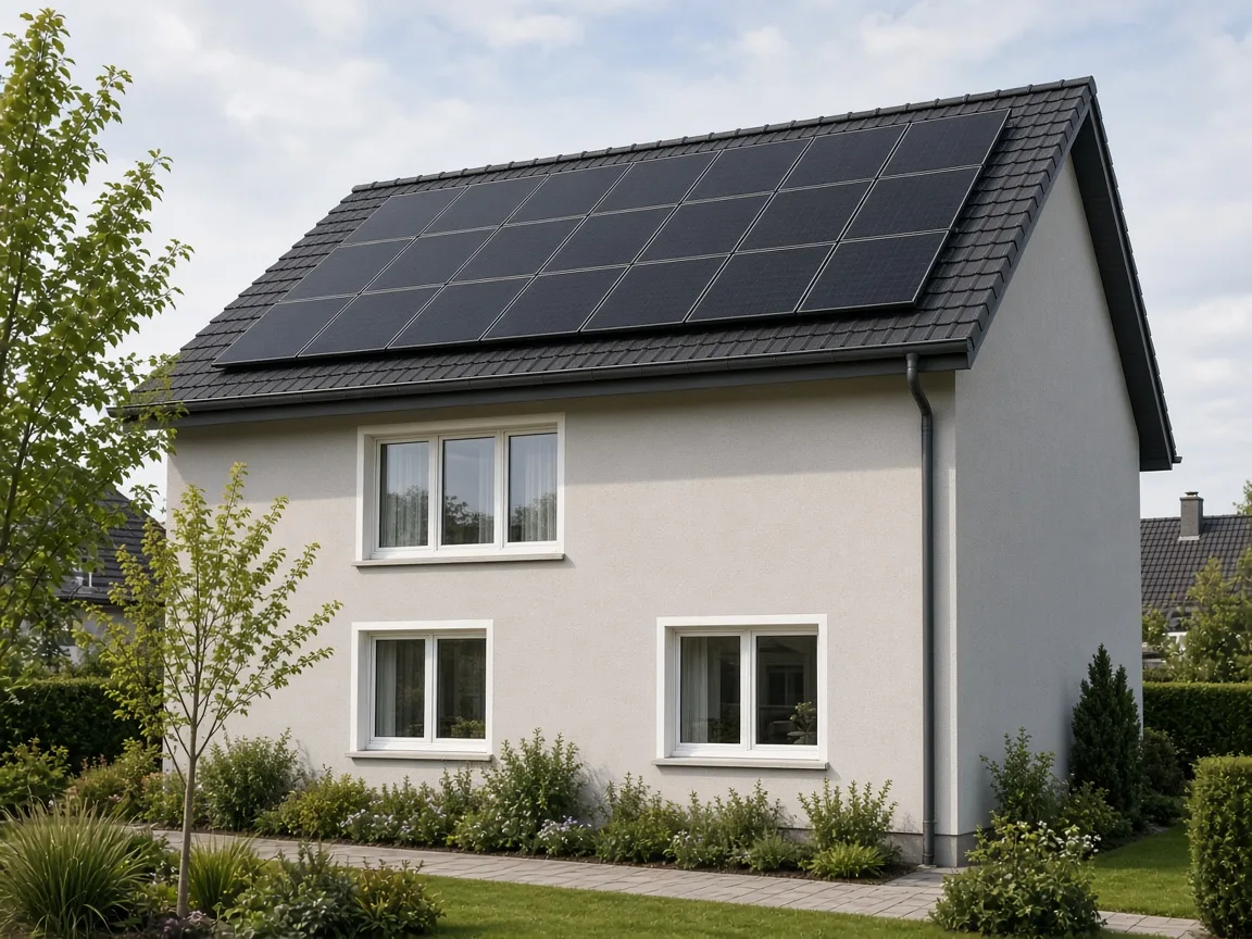 Photovoltaikmodule auf dem Satteldach eines Wohngebäudes